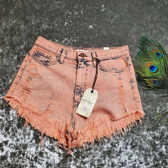 Vibrant M.I.U. Distressed Coral Cutoff Shorts - Picture 1 of 8